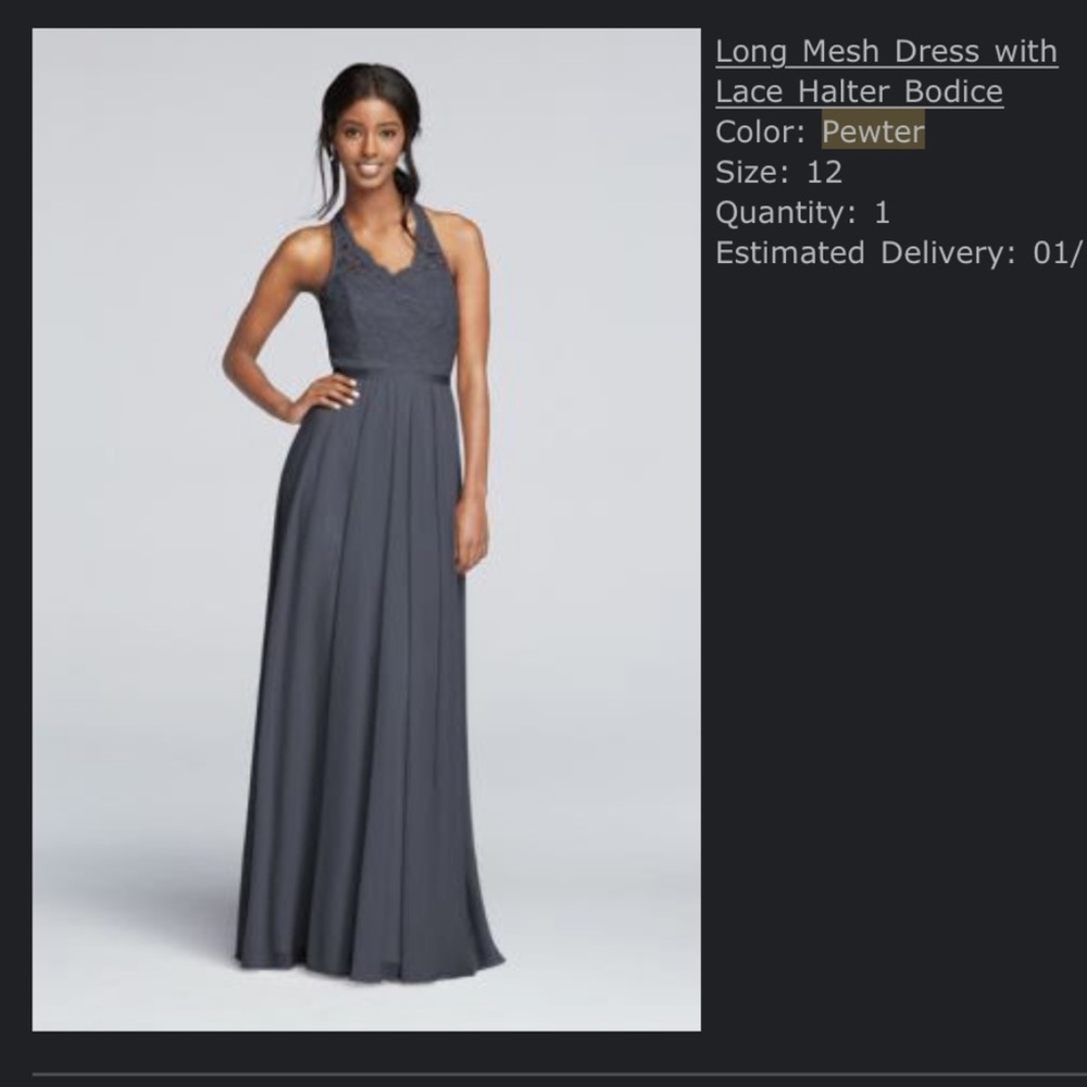 David’s Bridal Long Mesh Lace Halter Pewter 12
